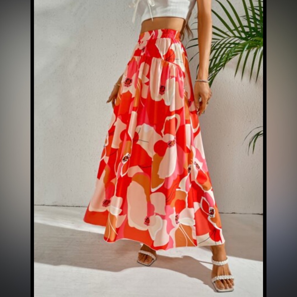 Women's SHEIN Orange/Pink Multi Floral Flowy Full Skirt- Medium/ 6